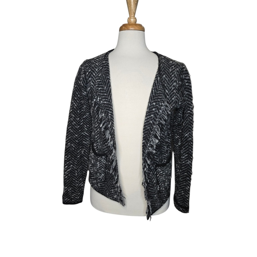 Italian Bouclé Herringbone Knit Open‎ Cardigan XL Black White Frayed Edge